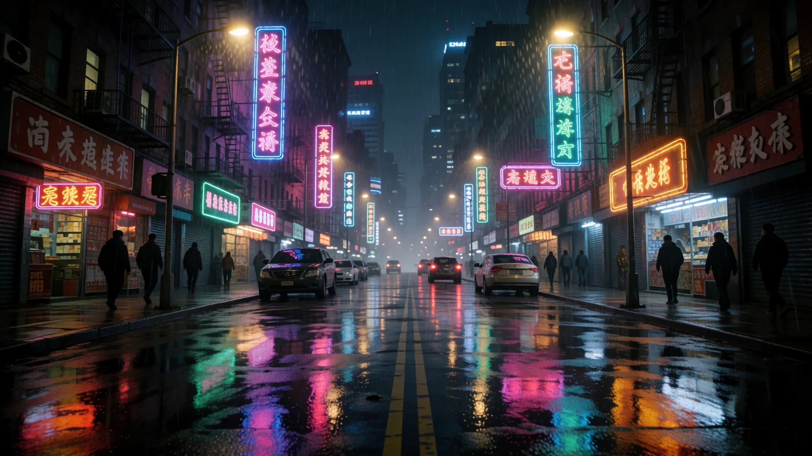 rain-slicked neon city street at night, reflections, cinematic wide shot, volumetric light, ultra detailed