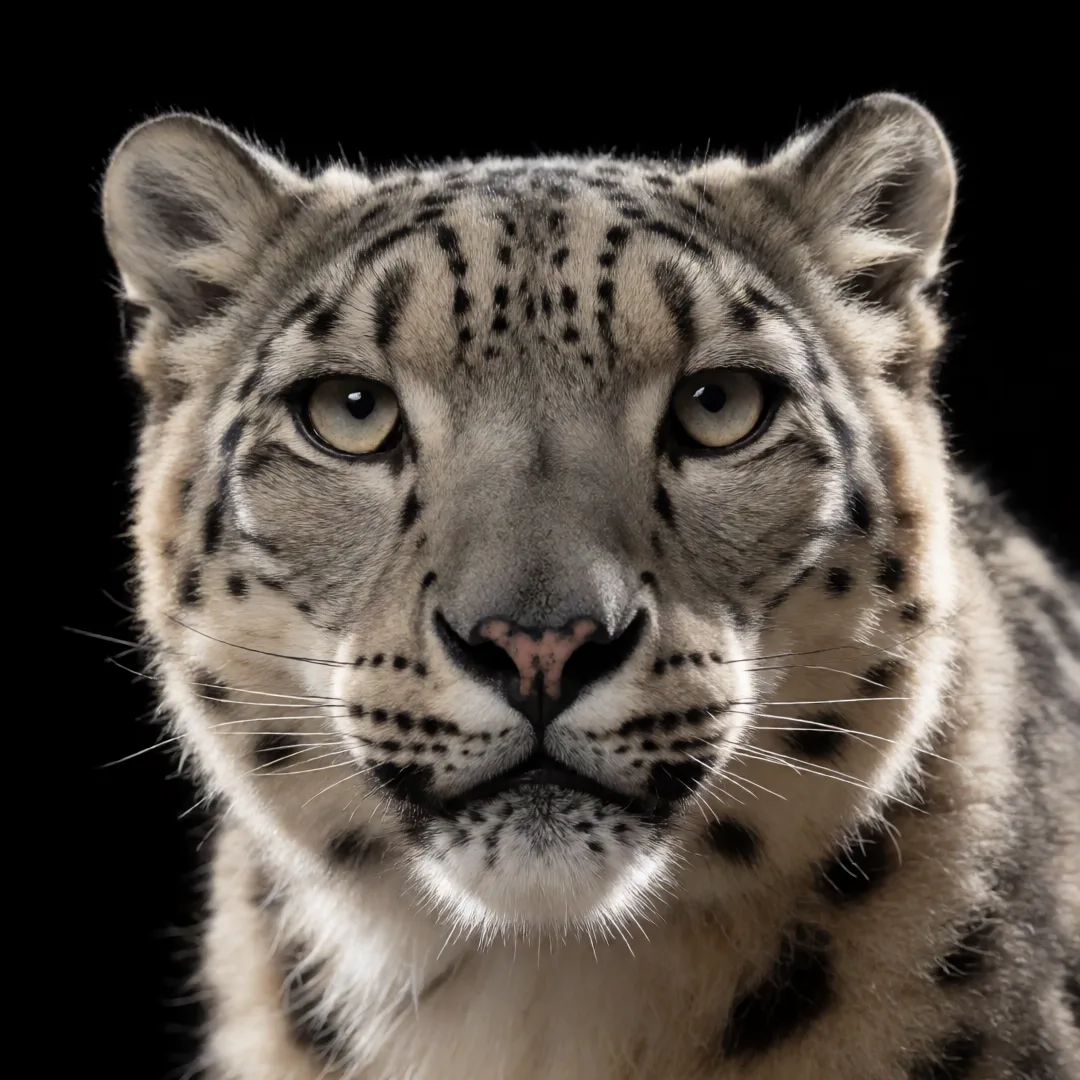 close-up studio portrait of a snow leopard, dramatic rim light, black background, fine fur detail